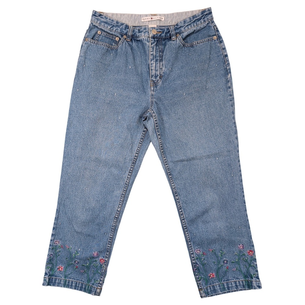 VTG Tommy Hilfiger Boho Cottagecore Floral Embroidered Sequins Ankle Jeans Sz 10